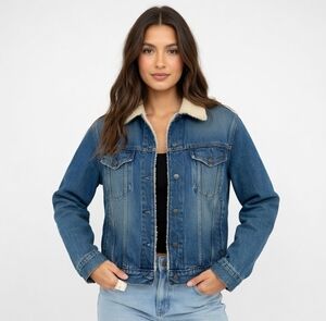 Abercrombie & Fitch Women's Denim Trucker Jacket Size S Sherpa Lined Blue VG